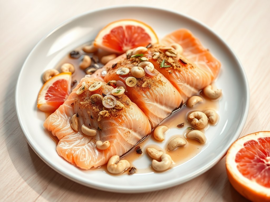Gerookt zalmhaasje met cashewnoten en soja, AI-gegenereerde illustratie