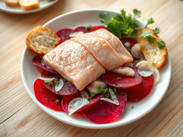 Gerookte forelfilet op een carpaccio van rode biet