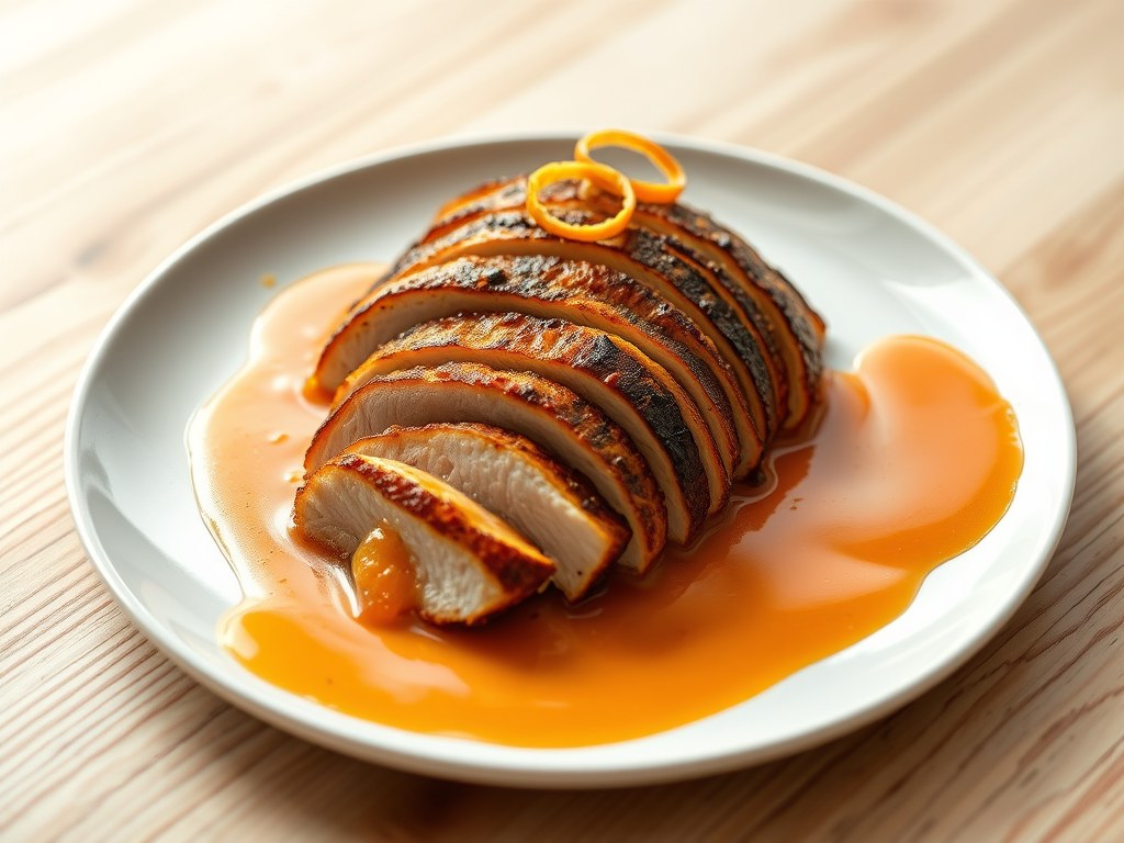 gerookte kipfile met warme sinasappelsaus, AI-gegenereerde illustratie