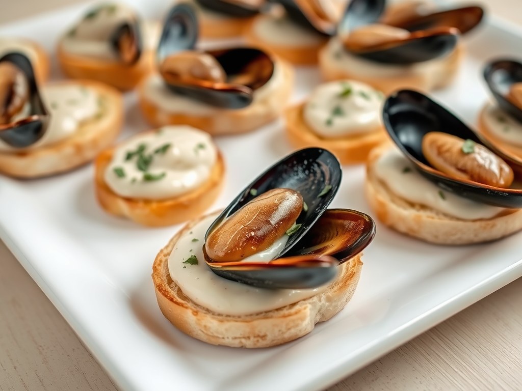 Gerookte mosselen met ravigotte saus, AI-gegenereerde illustratie