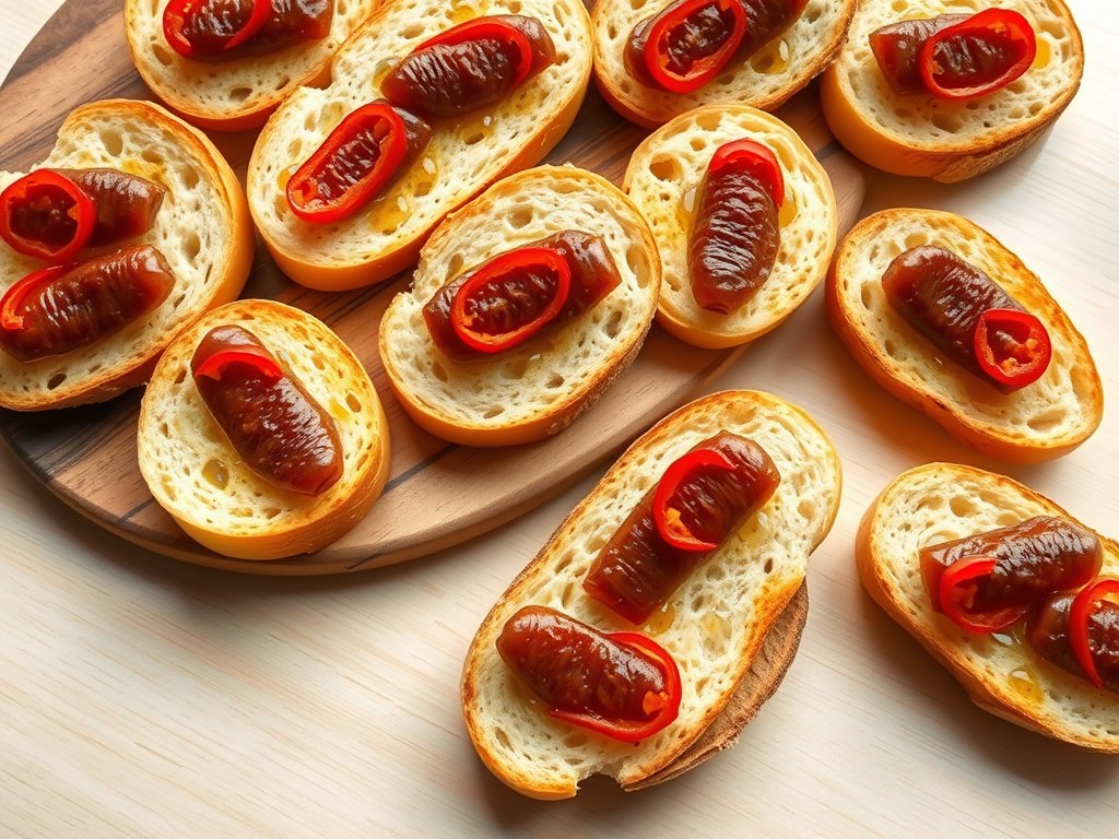 Geroosterd brood met ansjovis en chilipeper, AI-gegenereerde illustratie