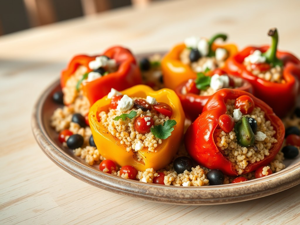 Geroosterde paprika’s met geitenkaas en couscous, AI-gegenereerde illustratie