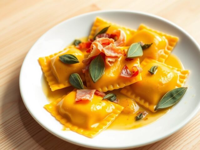 Geroosterde pompoen ravioli met salie