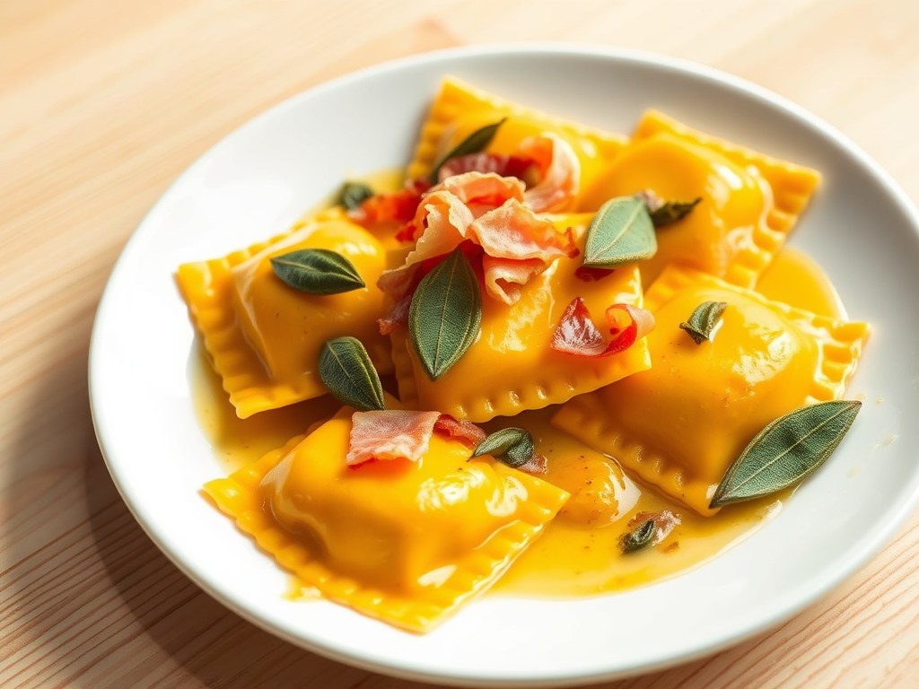 Geroosterde pompoen ravioli met salie, AI-gegenereerde illustratie