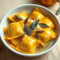 Geroosterde pompoen ravioli met salie en boter saus