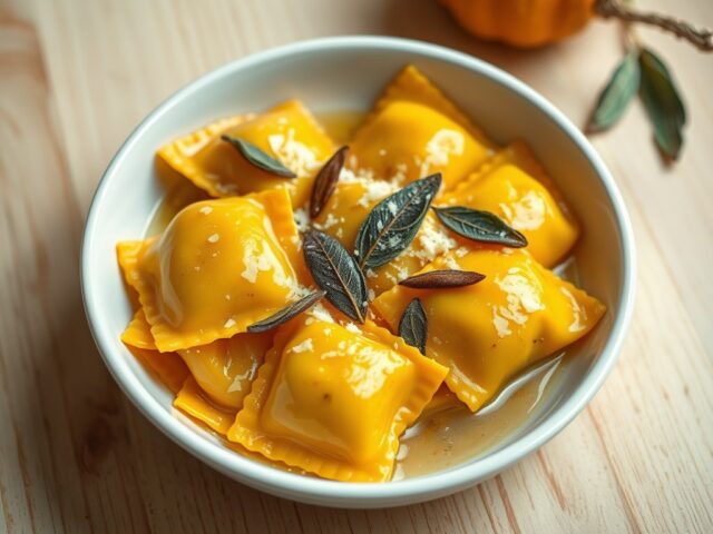 Geroosterde pompoen ravioli met salie en boter saus