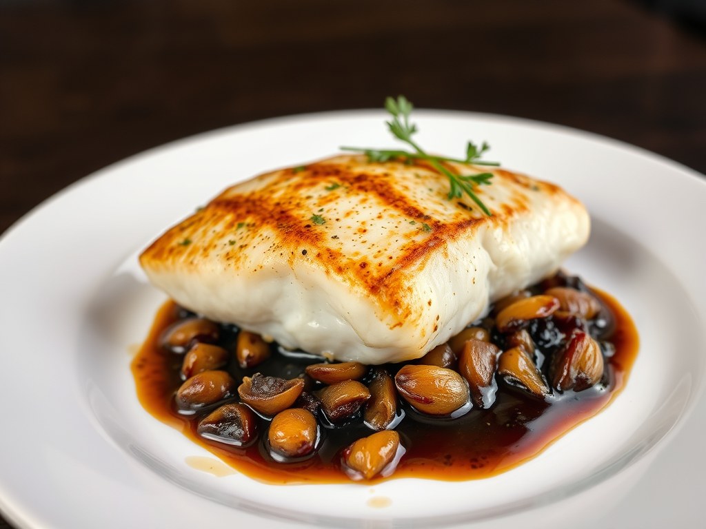 Geroosterde tilapiafilet met sjalottencompote, AI-gegenereerde illustratie