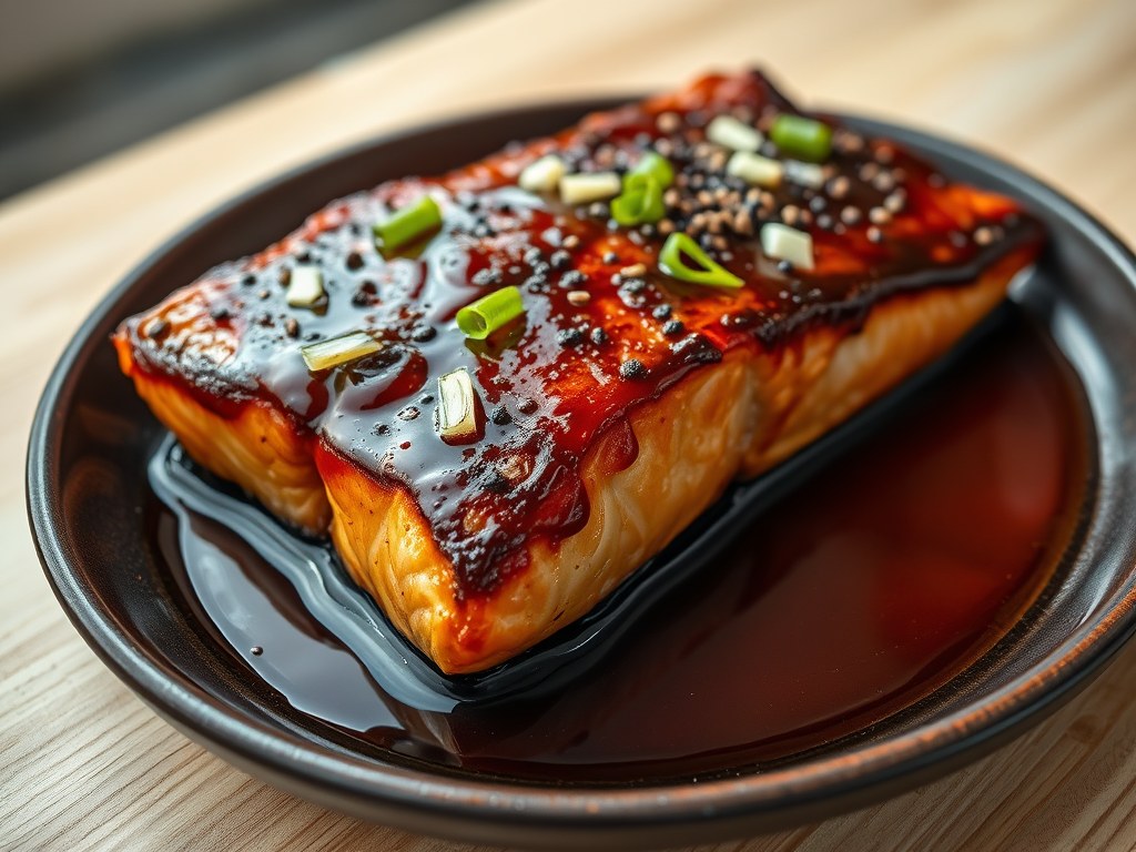 Geroosterde Zalm met een Saus op Teriyaki Basis, AI-gegenereerde illustratie