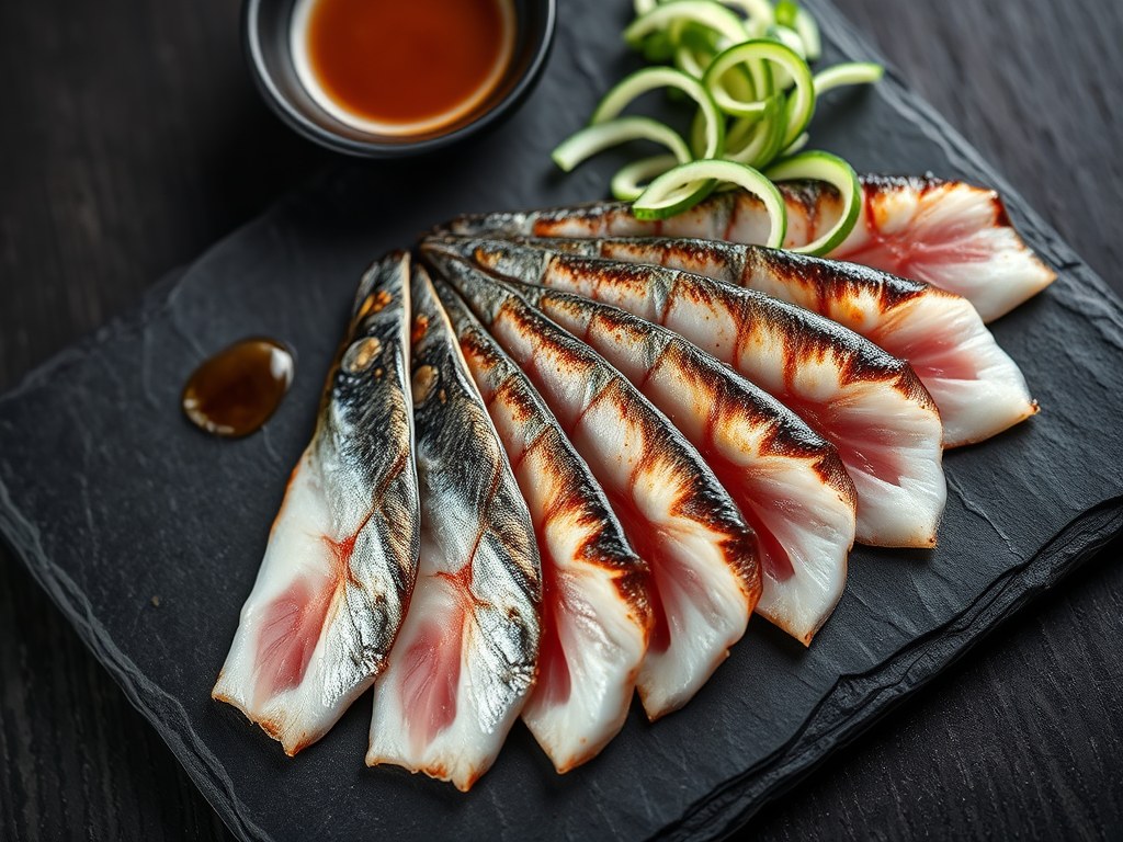 Geschroeide sashimi van makreel, AI-gegenereerde illustratie