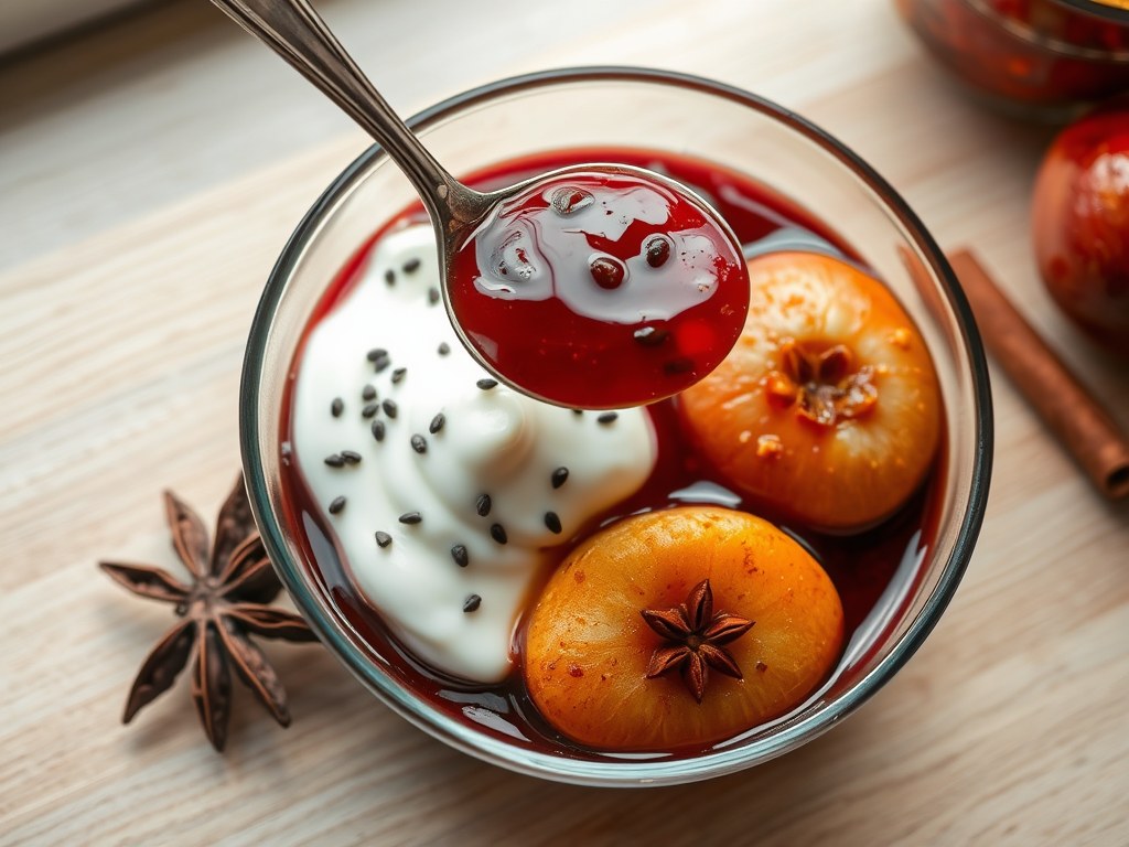 Gestoofde appeltjes met vanilleyoghurt, AI-gegenereerde illustratie