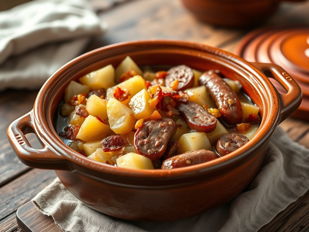 Gestoofde zuurkool met aardappelen in de Römertopf, AI-gegenereerde illustratie