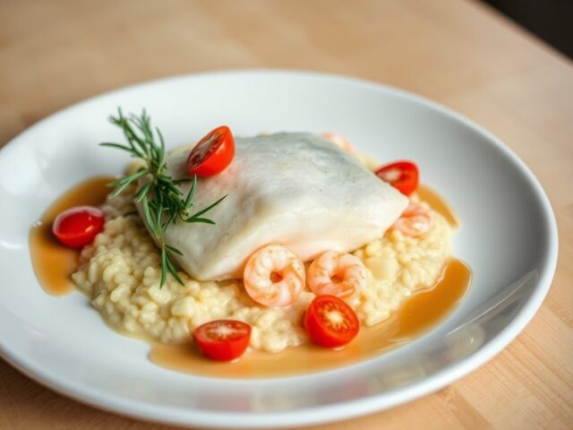 Gestoomde kabeljauw met Risotto van Gambas
