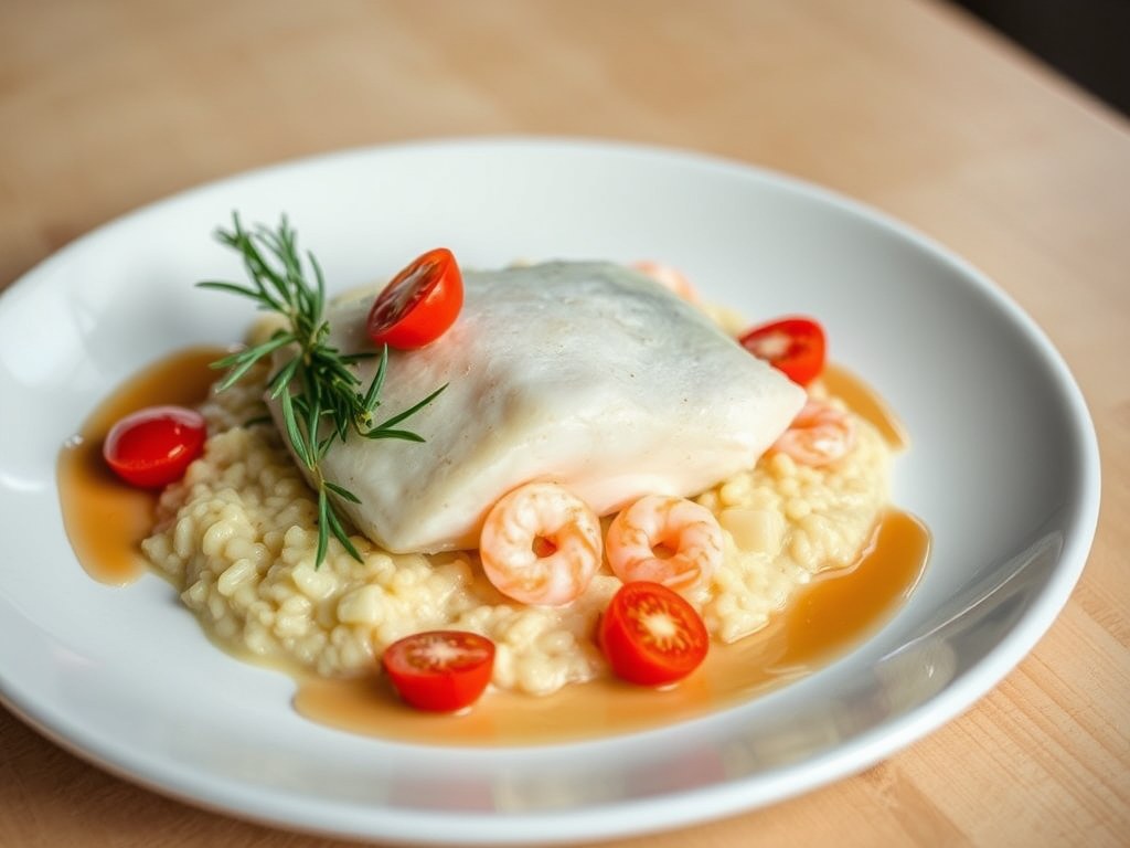 Gestoomde kabeljauw met Risotto van Gambas, AI-gegenereerde illustratie