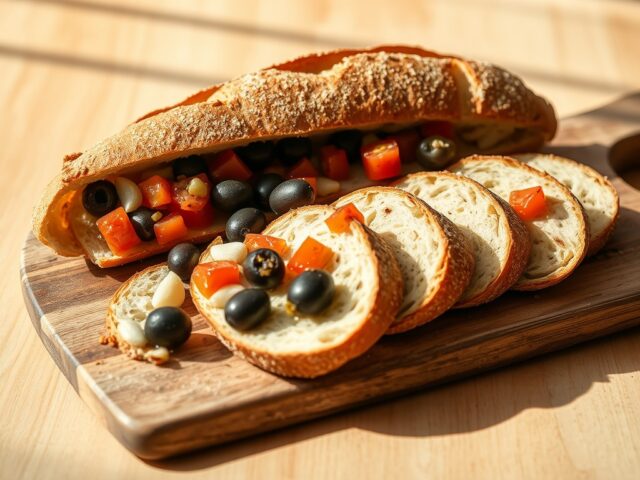 Gevuld stokbrood met tomaat en olijven