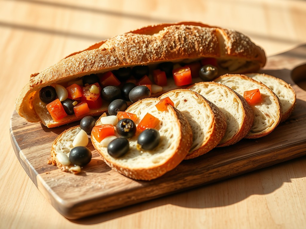 Gevuld stokbrood met tomaat en olijven, AI-gegenereerde illustratie