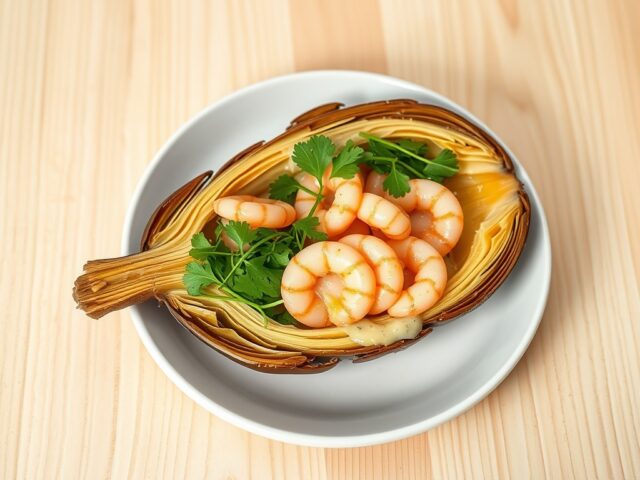 Gevulde artisjokbodem met gerookte zalm, langoesti