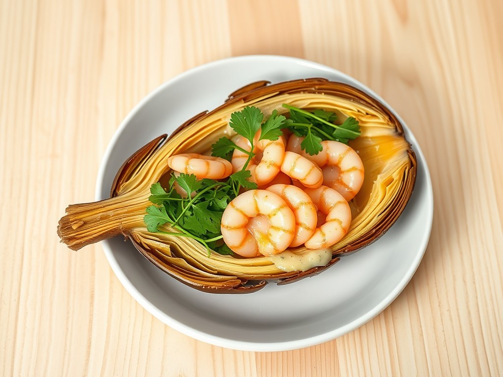 Gevulde artisjokbodem met gerookte zalm, langoesti, AI-gegenereerde illustratie