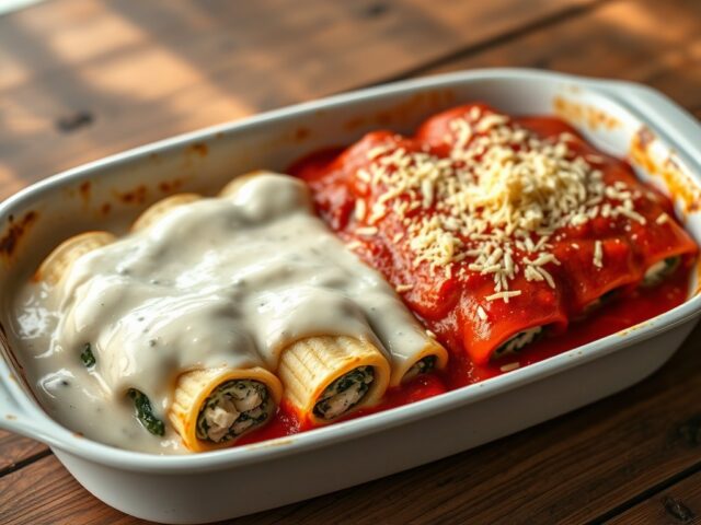 Gevulde Canelloni met Bechamelsaus en Tomatensaus