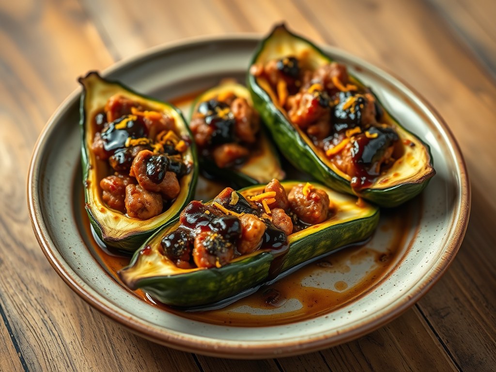 Gevulde courgette (evt met Marokkaanse worstjes), AI-gegenereerde illustratie