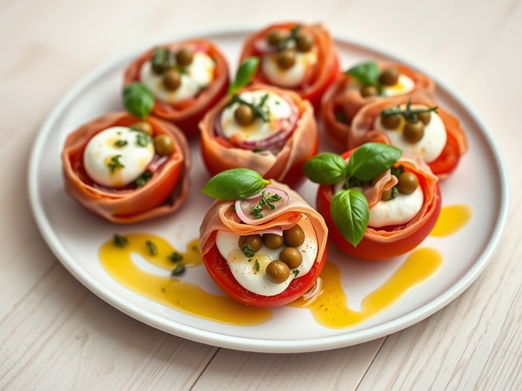 Gevulde Italiaanse tomaten met San Daniele ham, AI-gegenereerde illustratie