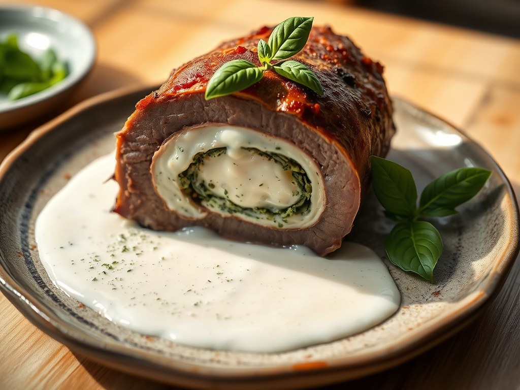 Gevulde kalfsschouder met gorgonzola, AI-gegenereerde illustratie