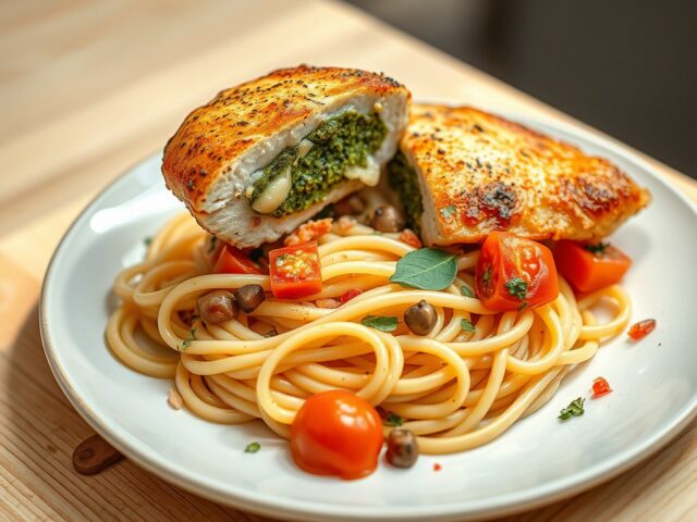 Gevulde kipfilet met tagliatelle