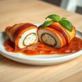 Gevulde kipfilet met tomaten-sherrysaus