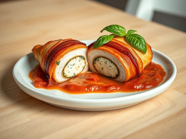 Gevulde kipfilet met tomaten-sherrysaus