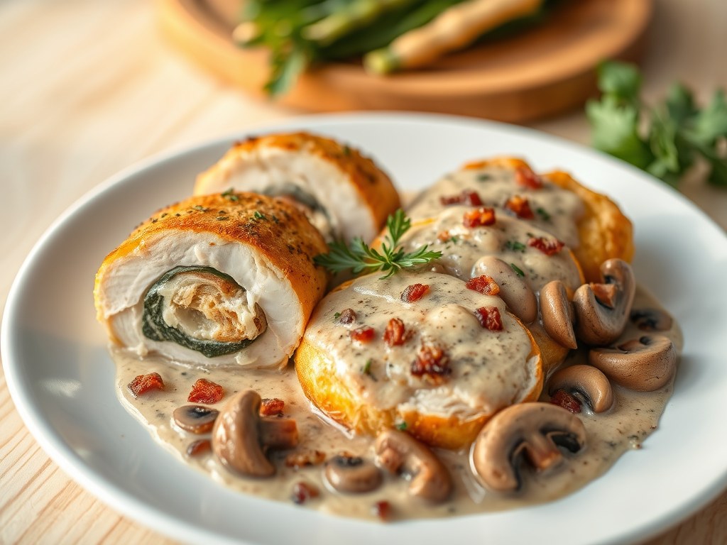 Gevulde kipfilets met champignonsaus, AI-gegenereerde illustratie