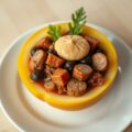 Gevulde meloen met (lams) stoofvlees, sinaasappelmousse en marasquin.