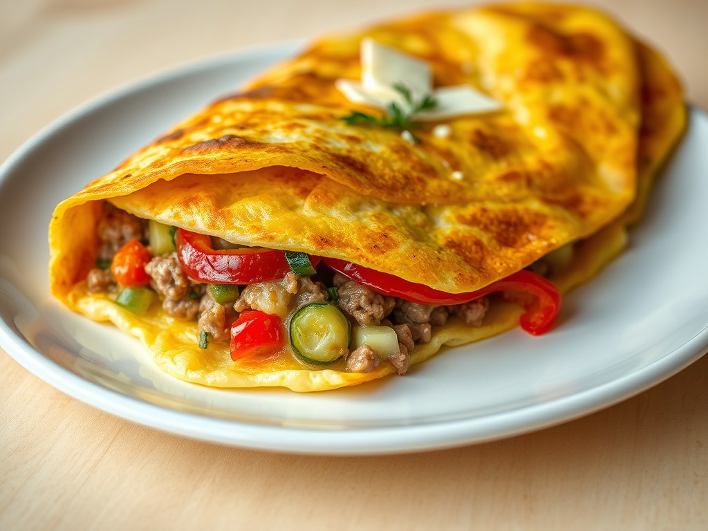 Gevulde omelet met kalfsvlees en groenten, AI-gegenereerde illustratie