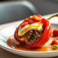 Gevulde paprika met gehakt, geitenkaas en tros tomaatjes