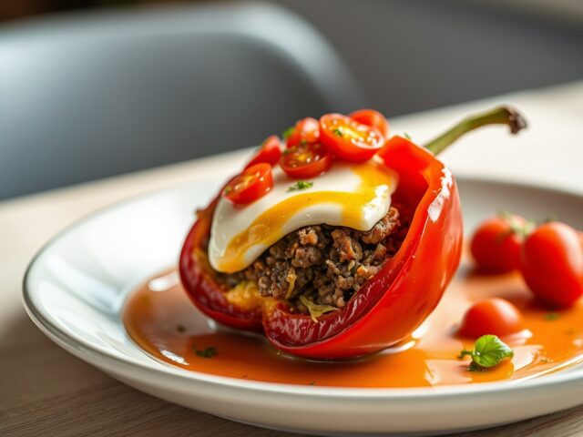 Gevulde paprika met gehakt, geitenkaas en tros tomaatjes
