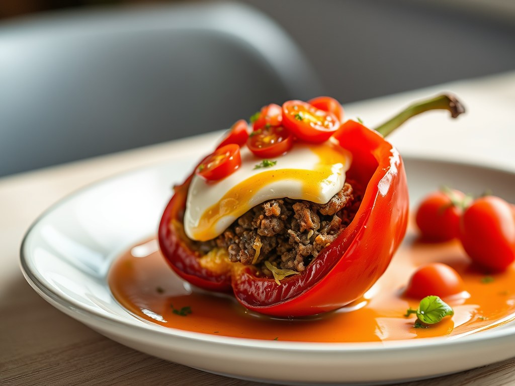 Gevulde paprika met gehakt, geitenkaas en tros tomaatjes, AI-gegenereerde illustratie