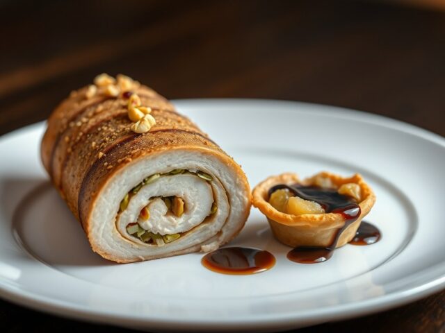 Gevulde rollade van kipfilet en taartje van zuurko