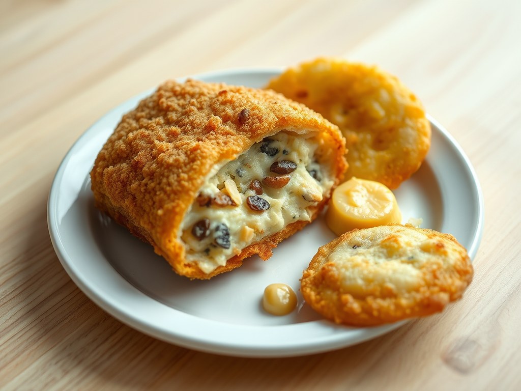 Gevulde schnitzel met rozijnen en aardappel-kaas rosti, AI-gegenereerde illustratie