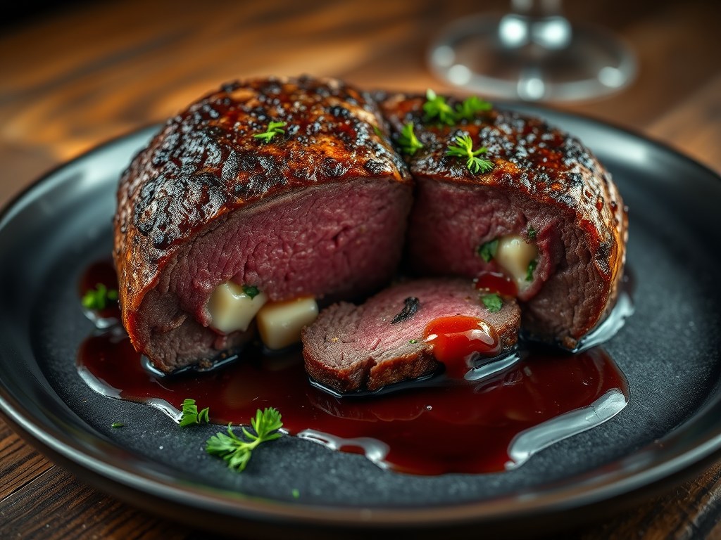 Gevulde steak met Parmezaanse kaas en peterselie, AI-gegenereerde illustratie