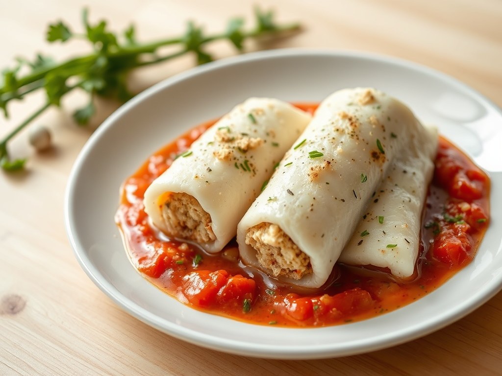 Gevulde visfilets met tomatensaus, AI-gegenereerde illustratie