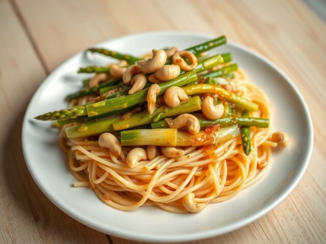 Gewokte asperges met bosuitjes en noten