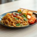 Glasmihoen met Tomaten-Komkommer Salade en Gebakken Tahoe