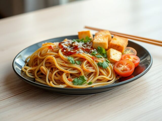 Glasmihoen met Tomaten-Komkommer Salade en Gebakken Tahoe