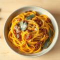 Gluten vrije pasta met gepureerde pompoen, pancetta en salie
