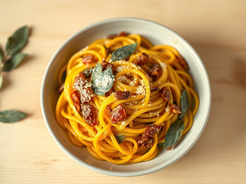 Gluten vrije pasta met gepureerde pompoen, pancetta en salie, AI-gegenereerde illustratie