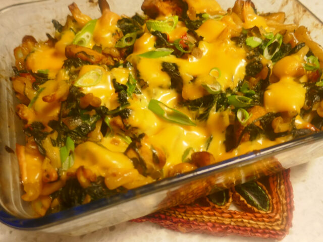 Goed gevulde pasta ovenschotel met spinazie, paprika, champignons en kip