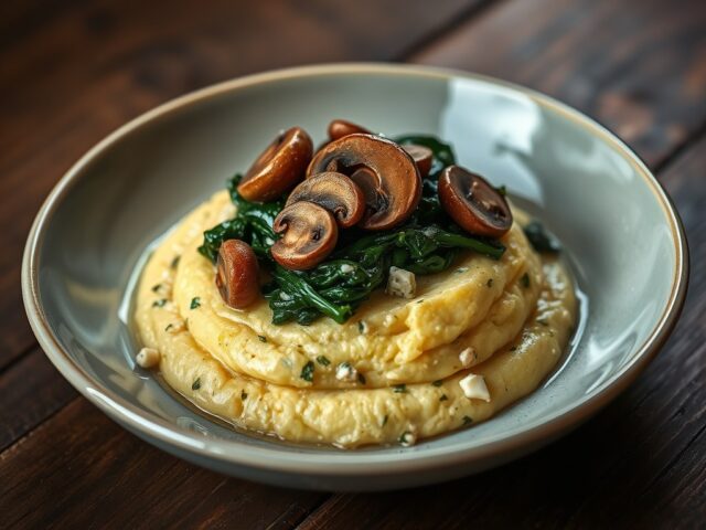 Gorgonzola Polenta met Spinazie en Wilde Paddestoe