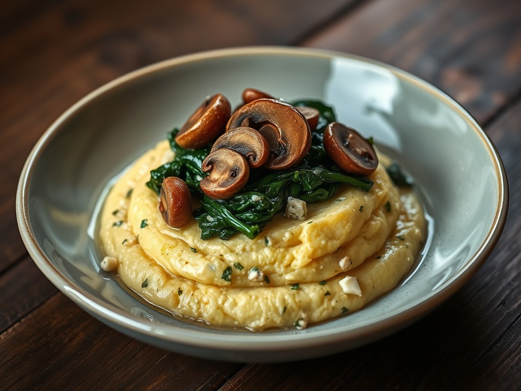 Gorgonzola Polenta met Spinazie en Wilde Paddestoe, AI-gegenereerde illustratie