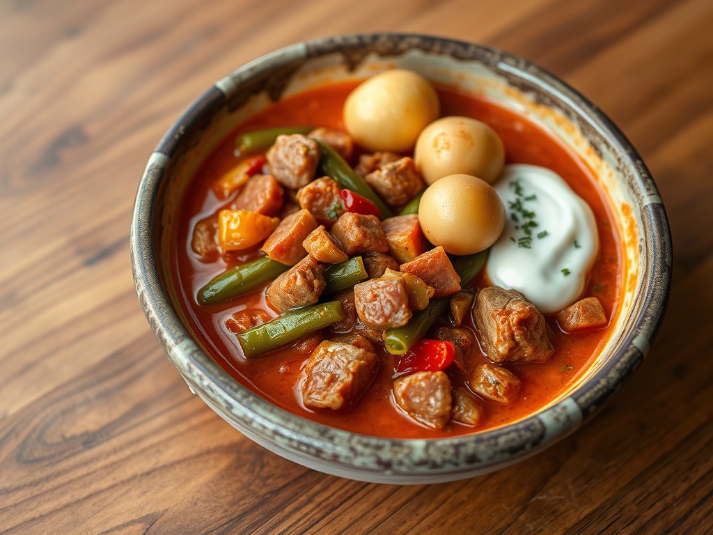 Goulash met krieltjes en kruidenroom, AI-gegenereerde illustratie