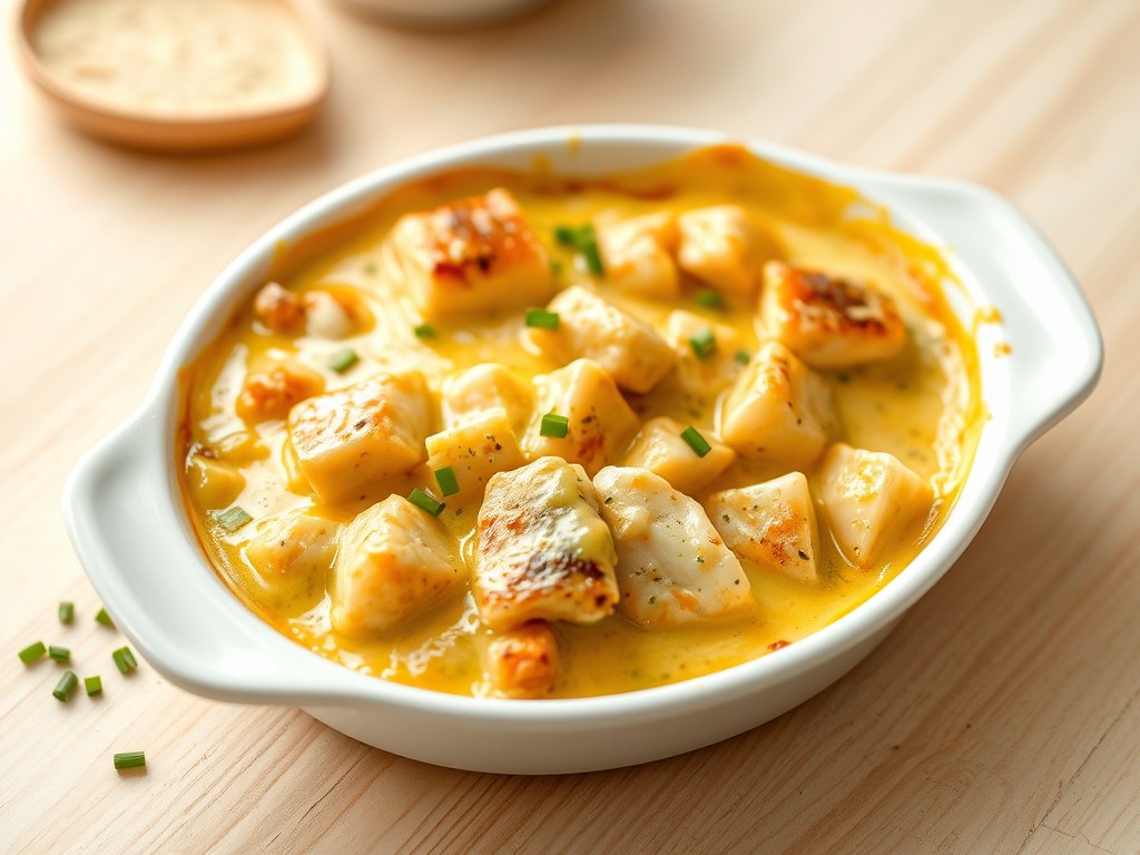 Gratin met zwaardvis en zalm, AI-gegenereerde illustratie
