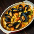 Gratin van mosselen met groentjes en curry