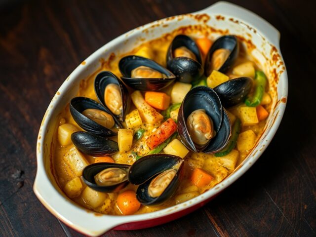 Gratin van mosselen met groentjes en curry